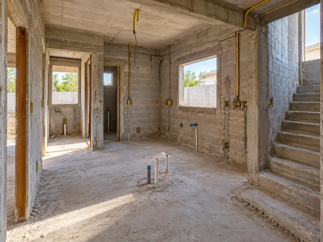 Interior de obra HMATIAS com alvenaria e instalações técnicas embutidas